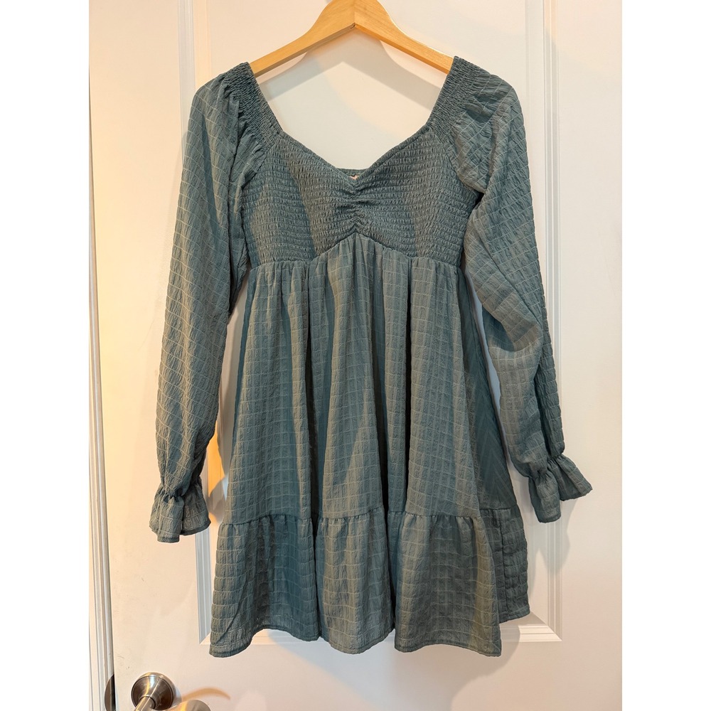 Evolutionary Apparel Smocked Mini Dress Sage Long Sleeve Tiered M Boho Hippie